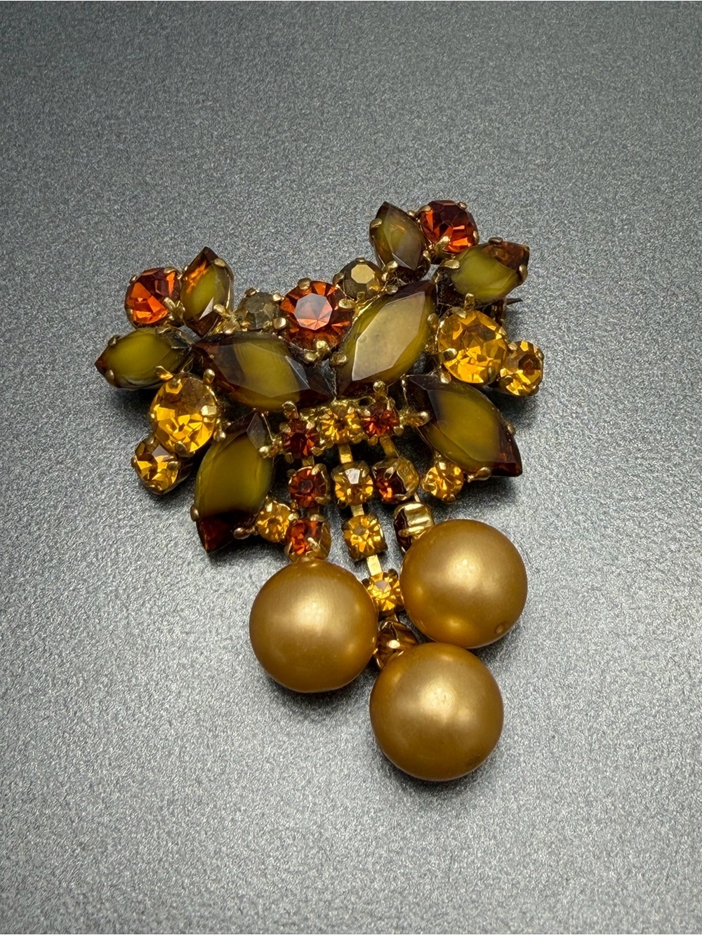 Vintage Gold and Amber Givre Glass Drop Brooch #cz15